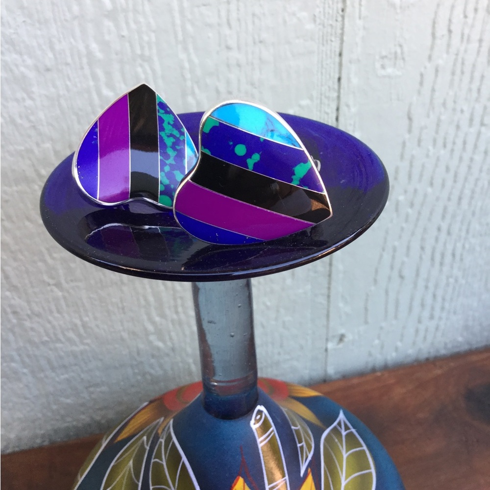 Vintage Inlay Mexico Silver Clip Earrings